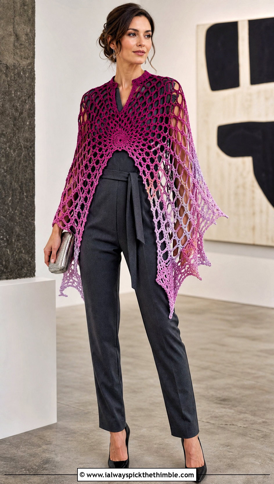 Ombre Spider Web Crochet Poncho With Monochrome Jumpsuit - 20 Spider Web Crochet Poncho outfit ideas
