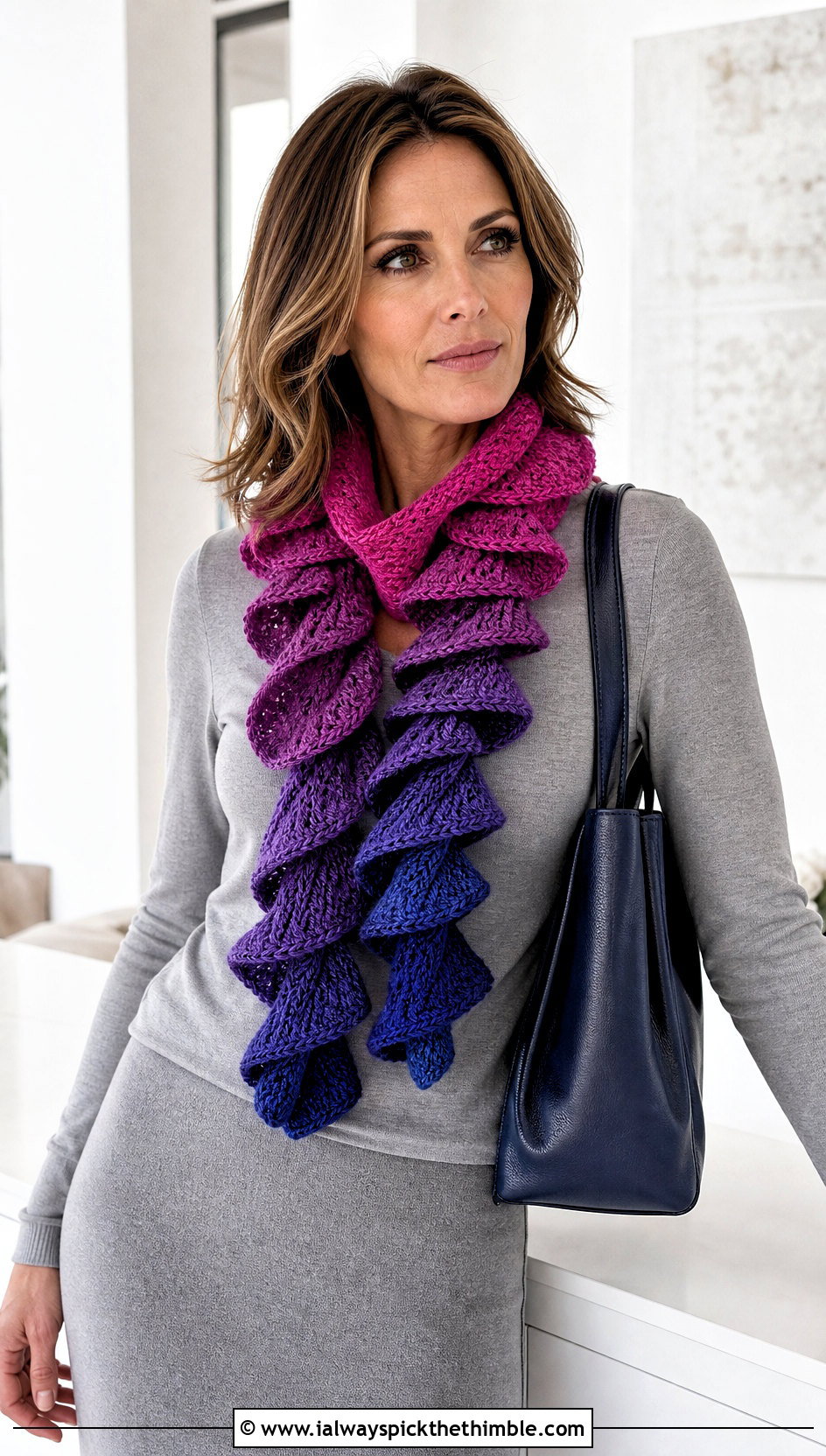 Ombre Spiral Crochet Ruffle Scarf With Monochrome Knit Outfit - 20 crochet ruffle scarf outfit ideas