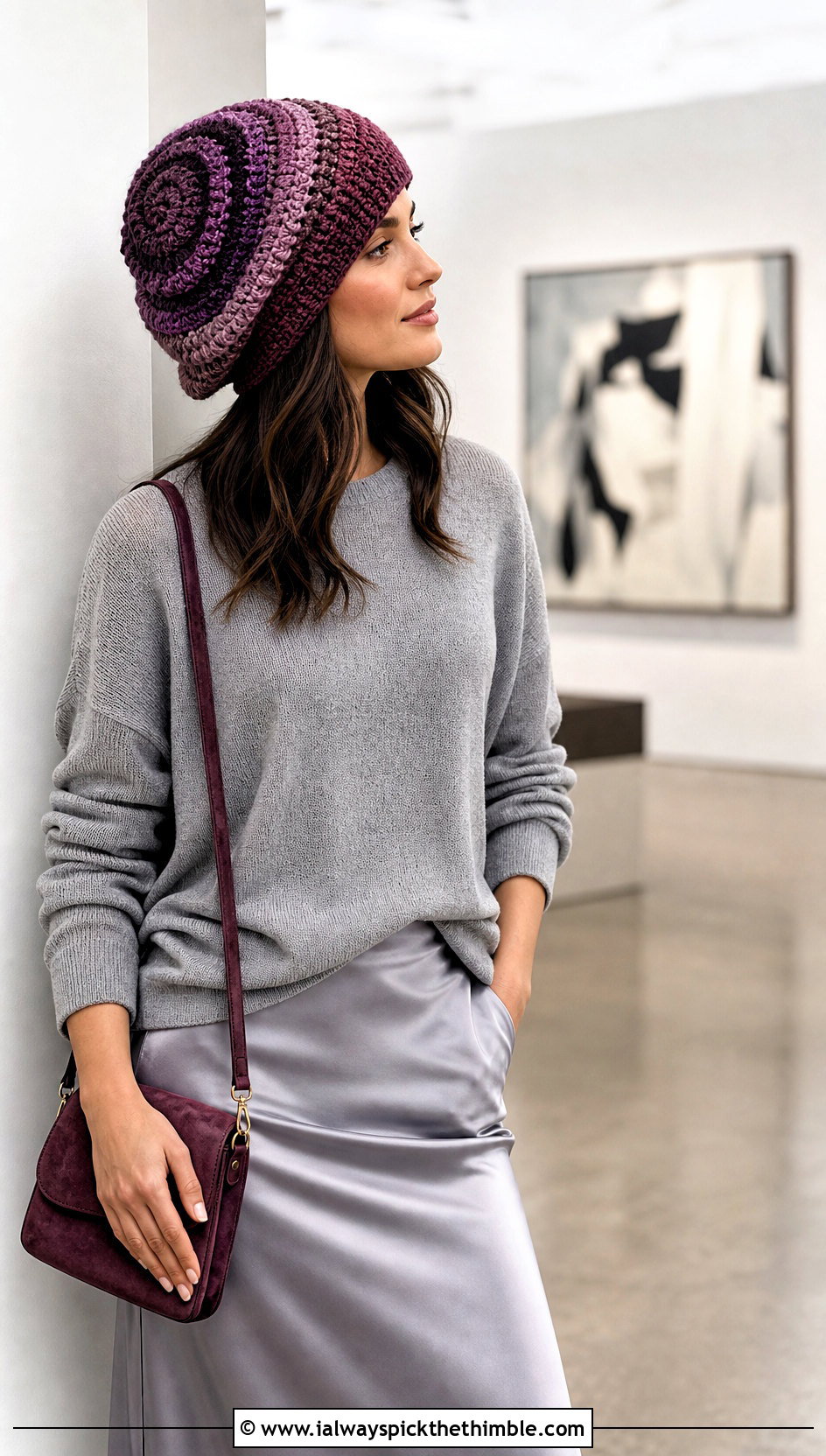 Ombre Spiral Crochet Slouch Hat With Sweater And Satin Skirt - 20 Spiral Crochet Hat outfit ideas