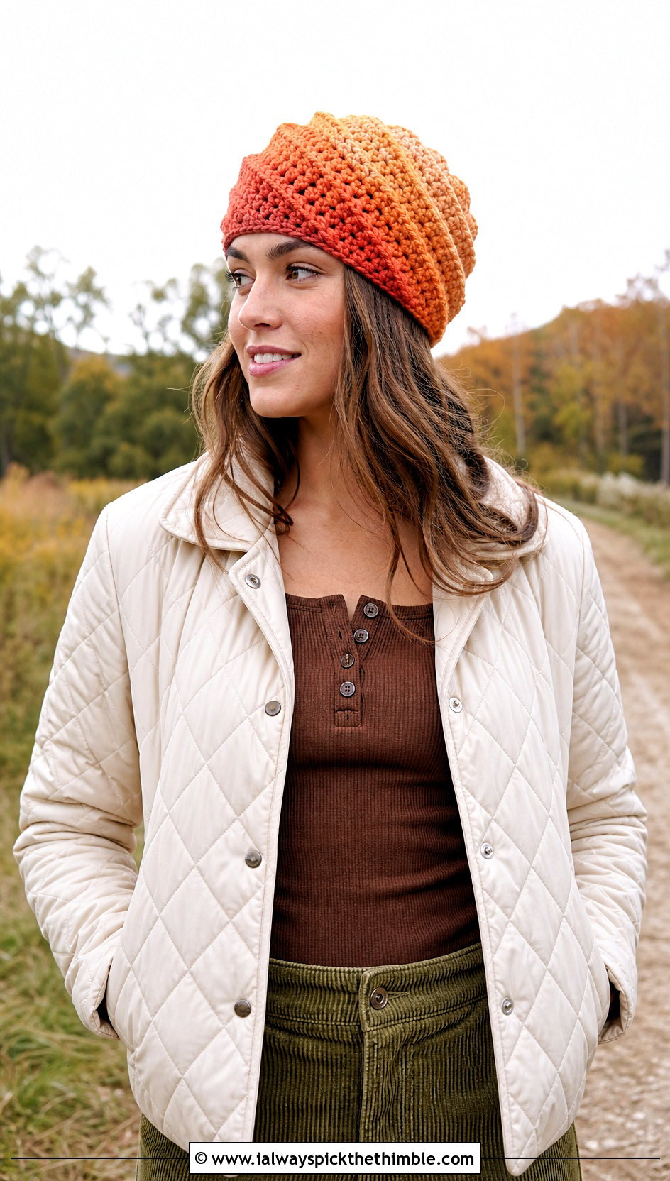 Ombre Spiral Crochet Swirl Beanie With Quilted Jacket And Corduroy Pants - 15 crochet swirl beanie outfit ideas