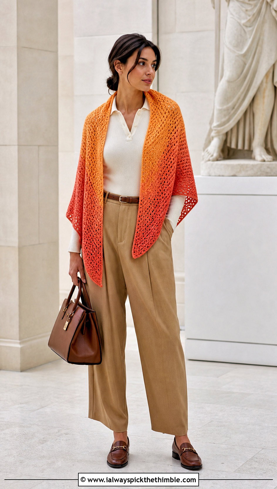 Ombre Square Crochet Shawl With Knit Polo And Trousers - 20 Square Crochet Shawl outfit ideas