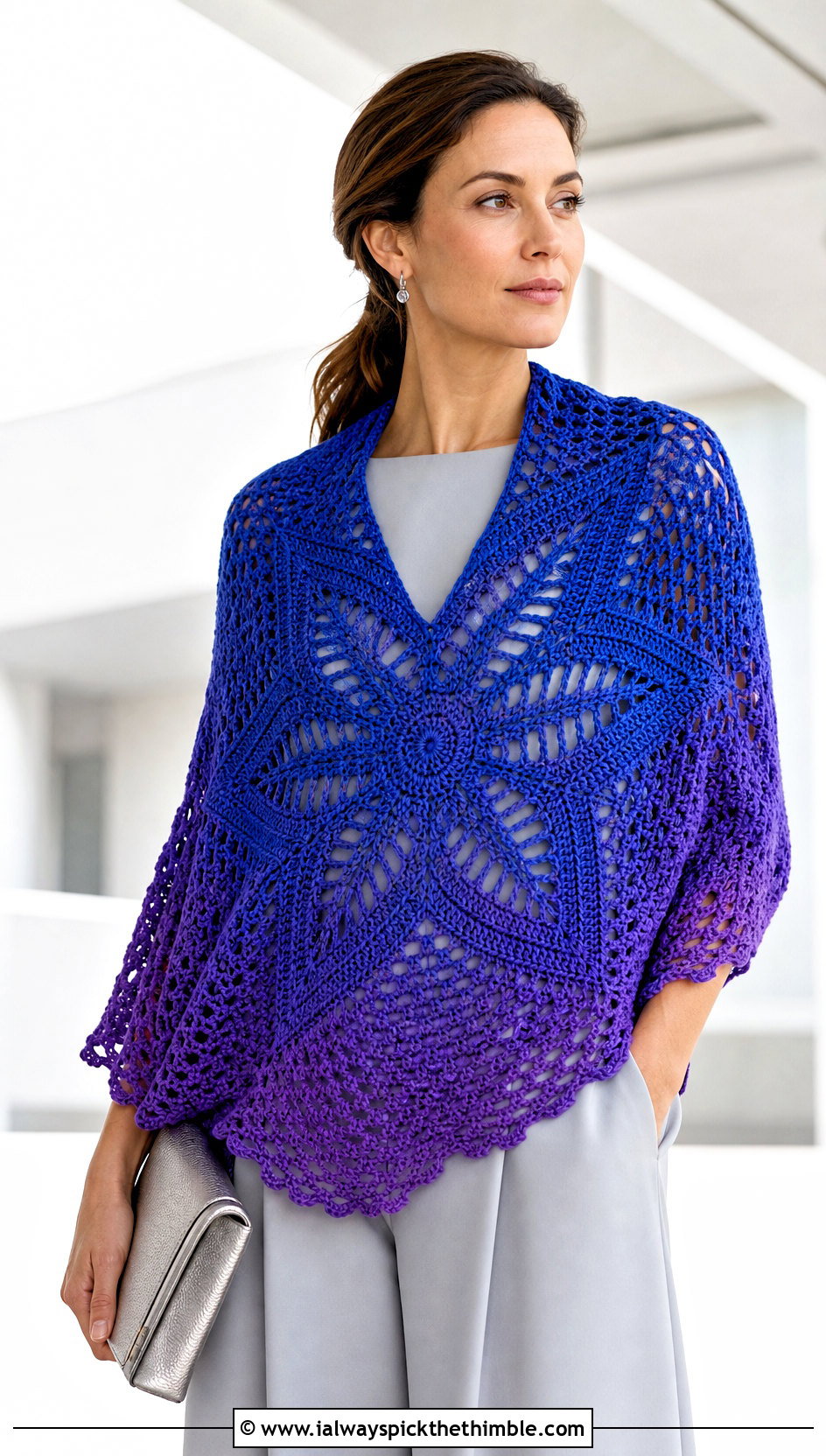 Ombre Star Crochet Shawl With Monochrome Outfit - 20 star crochet shawl outfit ideas