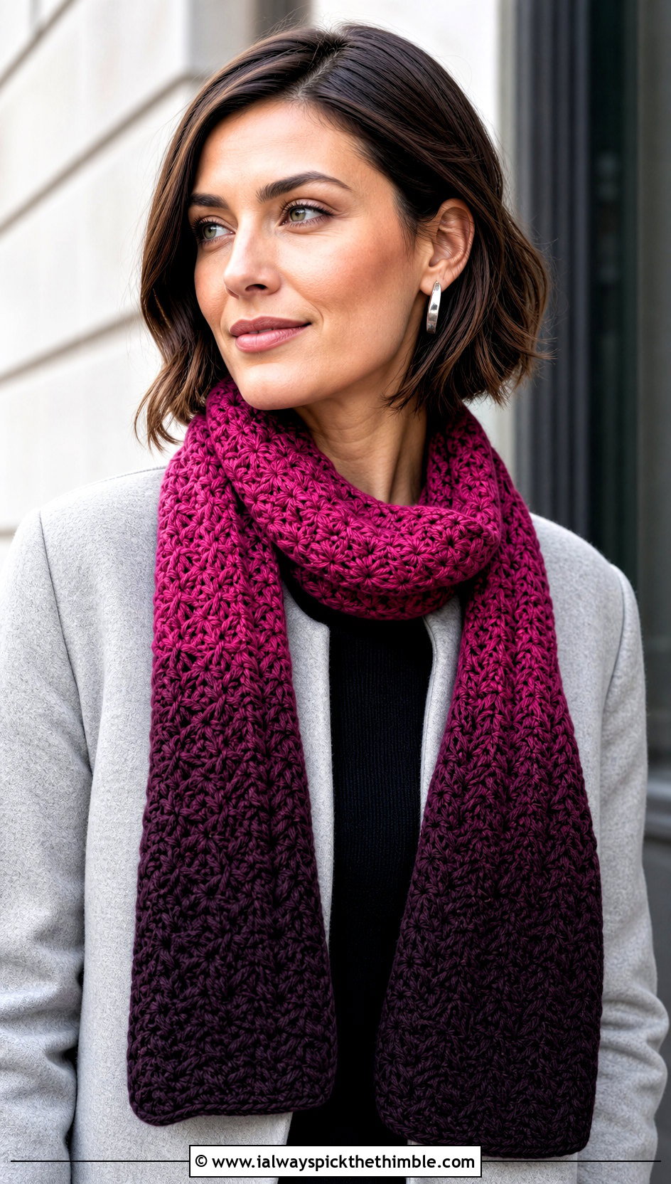 Ombre Star Stitch Scarf With Minimalist Coat - 20 Crochet Star Stitch Scarf outfit ideas