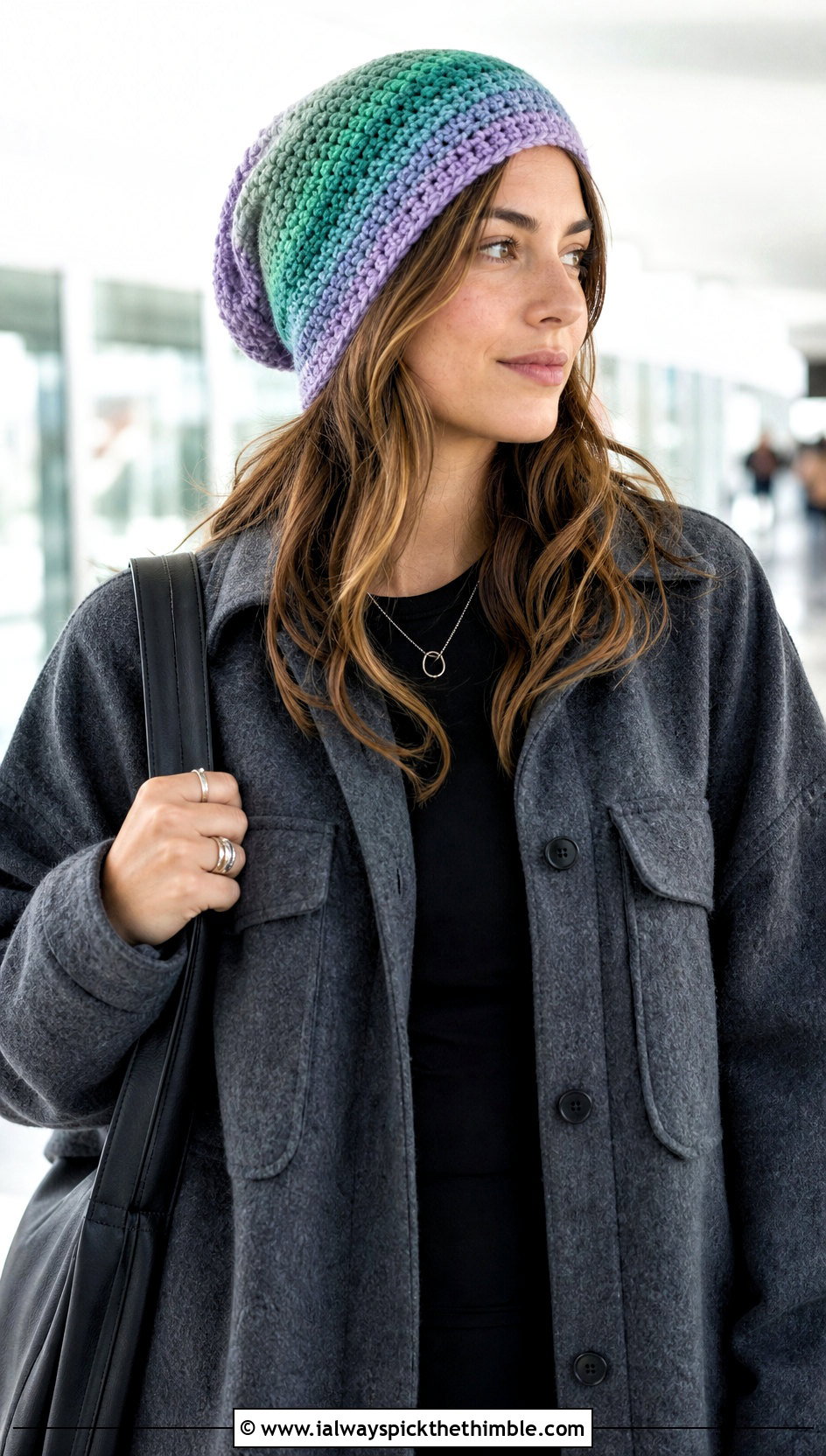 Ombre Stripe Slouchy Crochet Beanie With Oversized Shacket - 15 Striped Slouchy Crochet Beanie outfit ideas