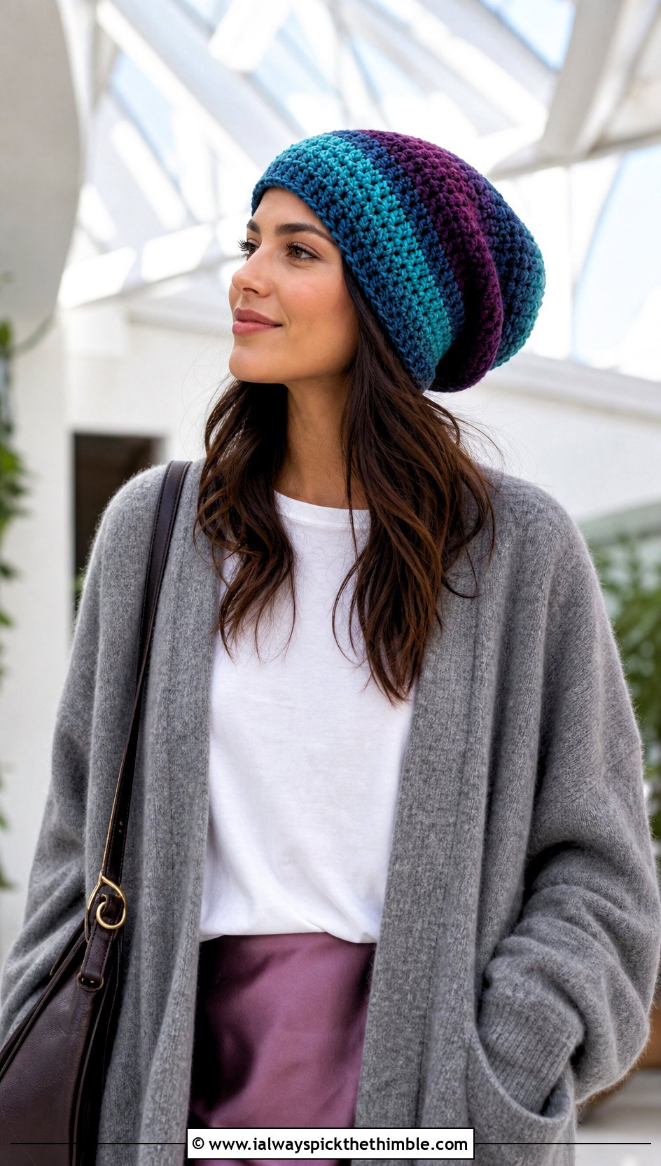 Ombre Stripe Slouchy Crochet Beanie With Satin Skirt - 20 striped crochet beanie outfit ideas
