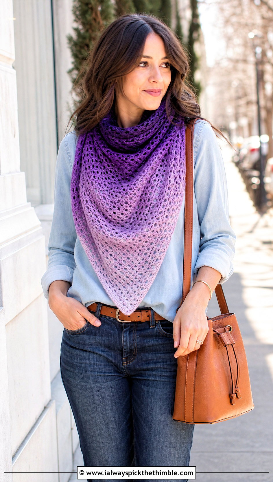 Ombre Triangle Crochet Scarf With Double Denim - 15 Boho Triangle Crochet Scarf outfit ideas