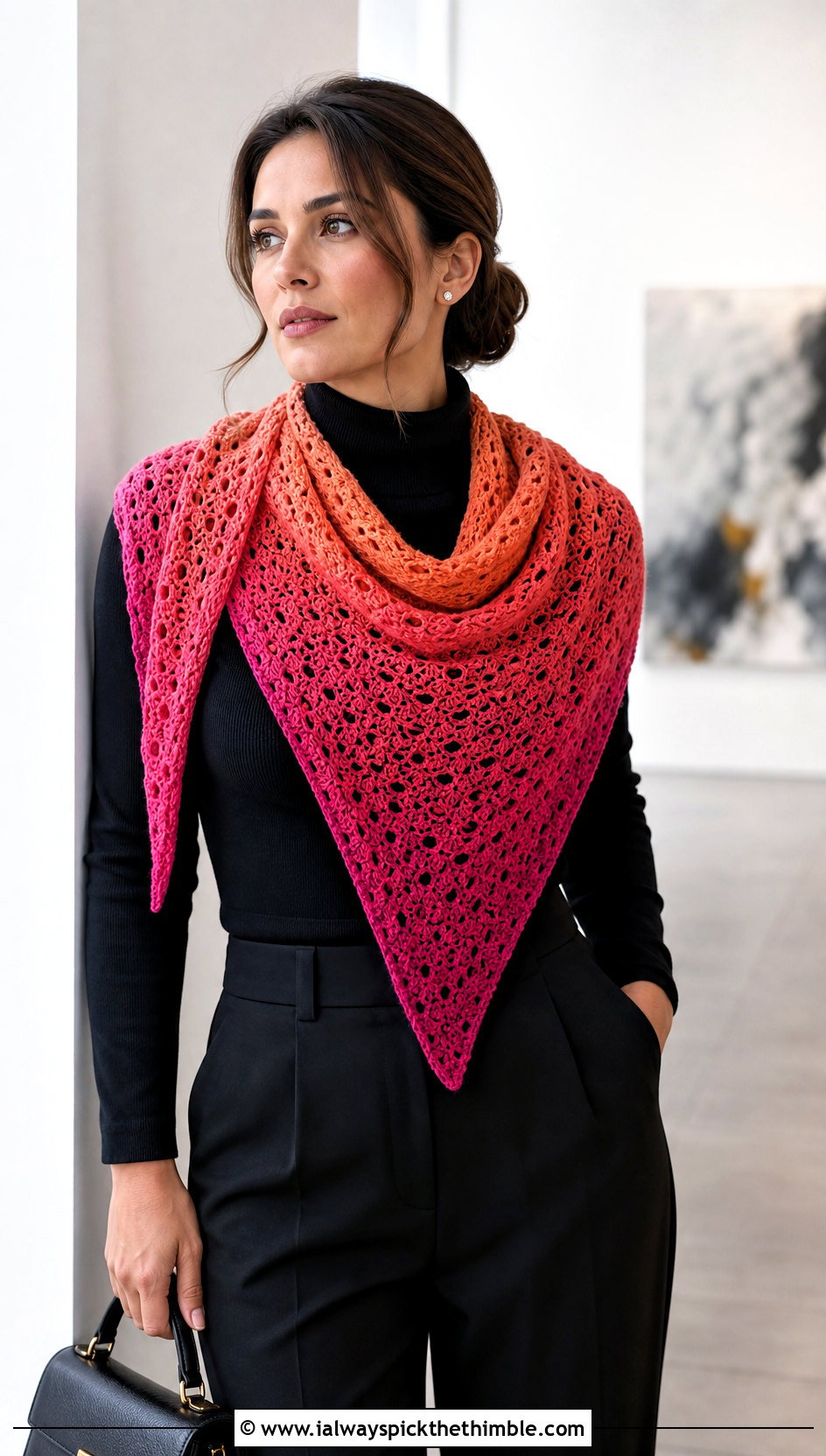 Ombre Triangle Crochet Shawl With Black Turtleneck And Trousers - 20 easy triangle crochet shawl outfit ideas
