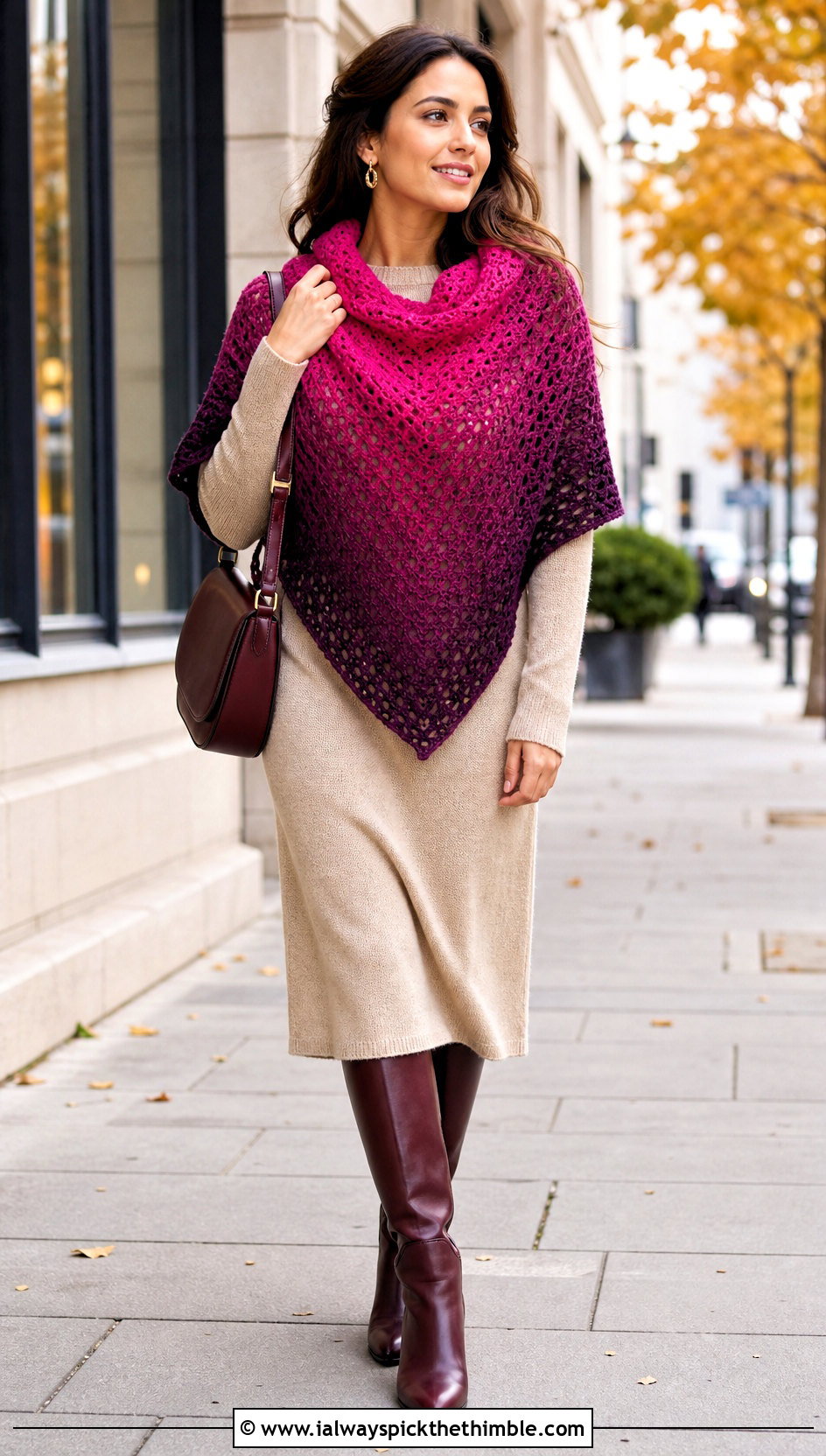 Ombre Triangle Crochet Shawl With Knit Dress And Boots - 25 easy crochet shawl outfit ideas