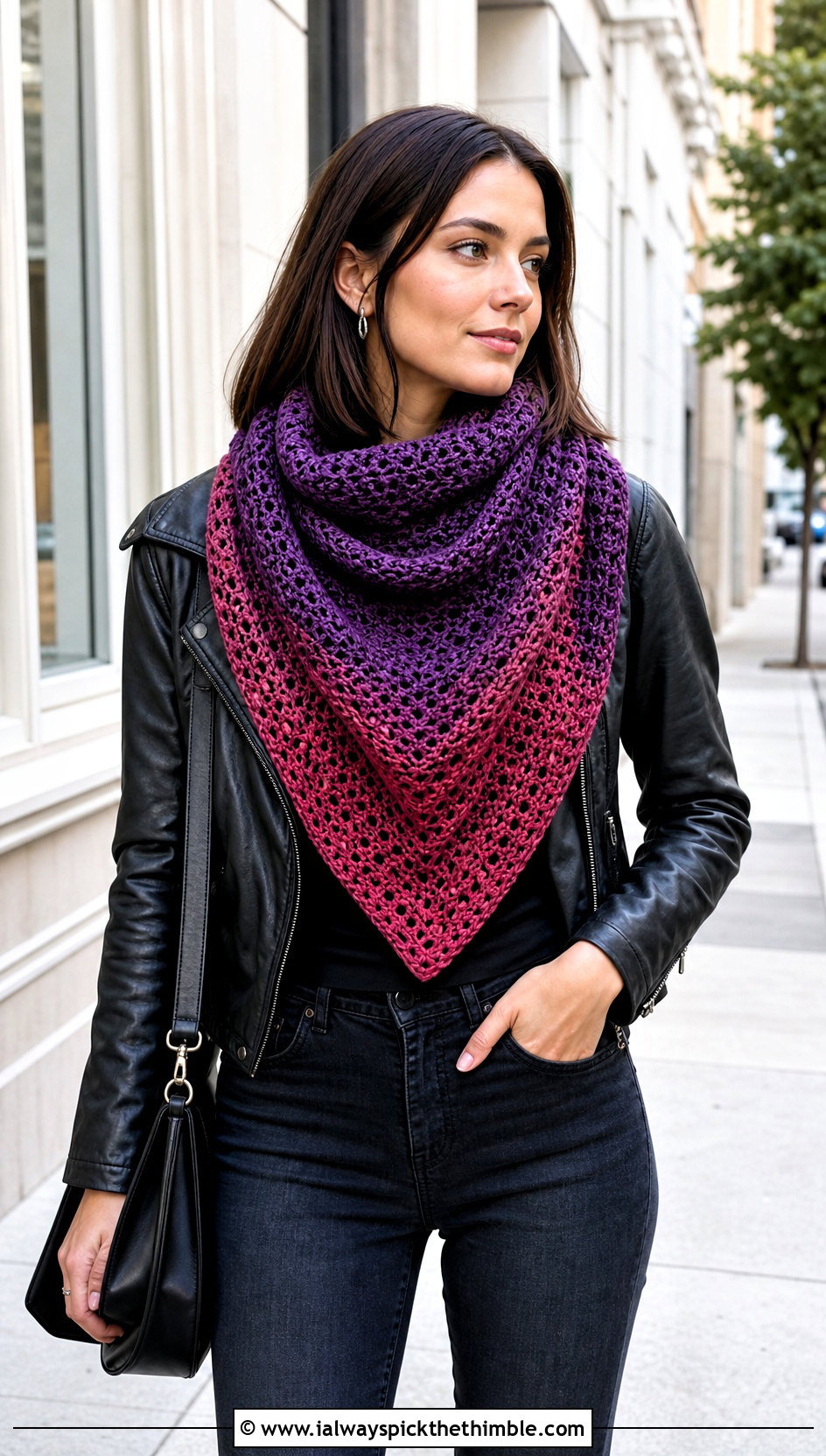 Ombre Triangle Crochet Shawl With Leather Jacket - 25 triangle crochet shawl outfit ideas