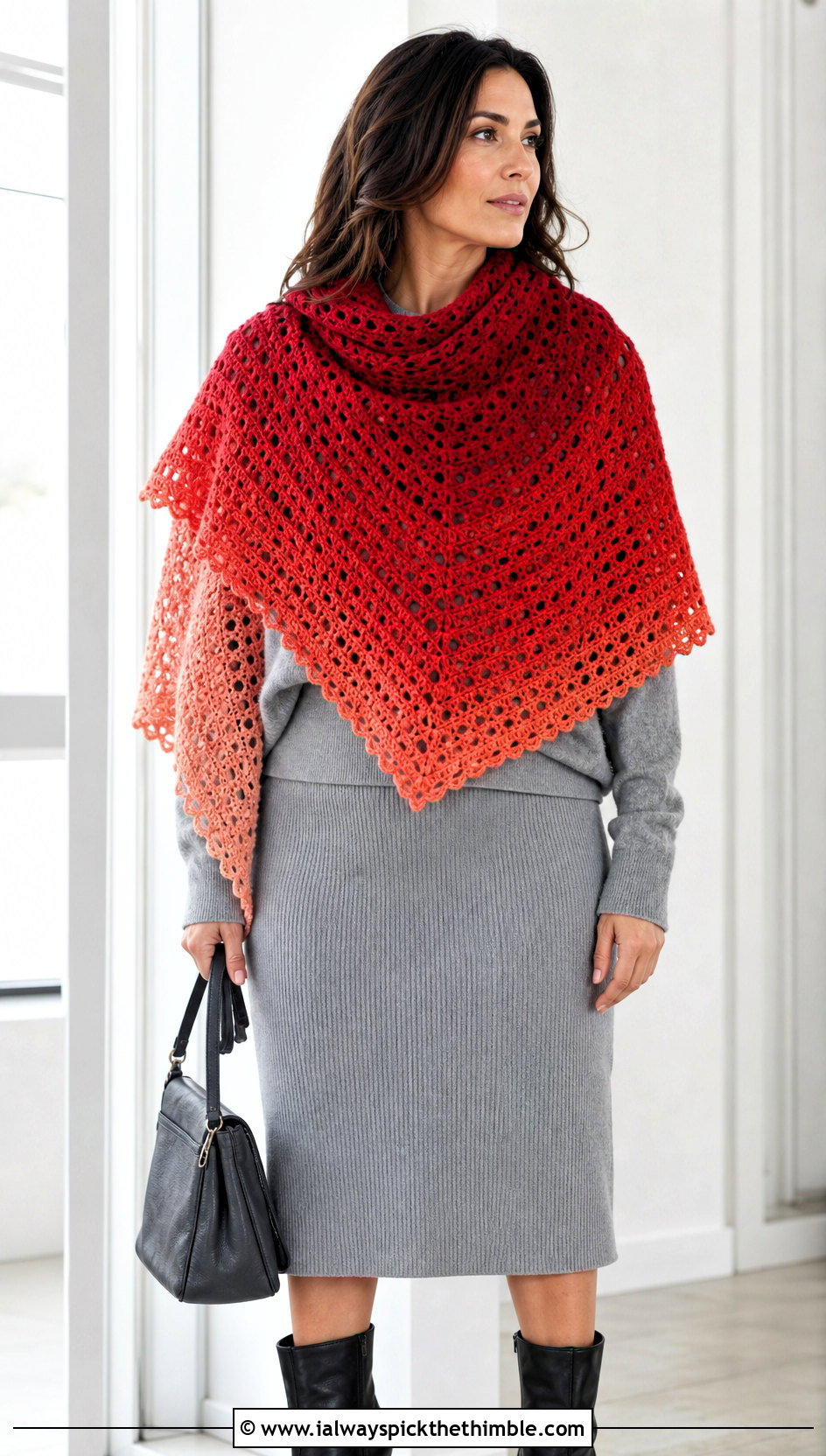 Ombre Triangle Crochet Shawl With Monochrome Knit Outfit - 20 triangle crochet shawls outfit ideas