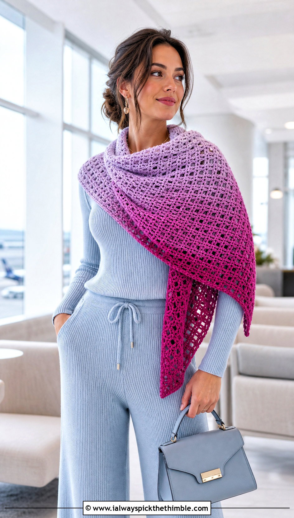 Ombre Triangle Crochet Shawl With Monochrome Knit Set - 15 Beginner Triangle Crochet Shawl outfit ideas