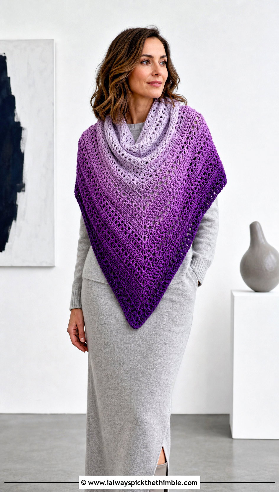 Ombre Triangle Shawl With Monochrome Knit Outfit - 20 easy crochet triangle shawl outfit ideas