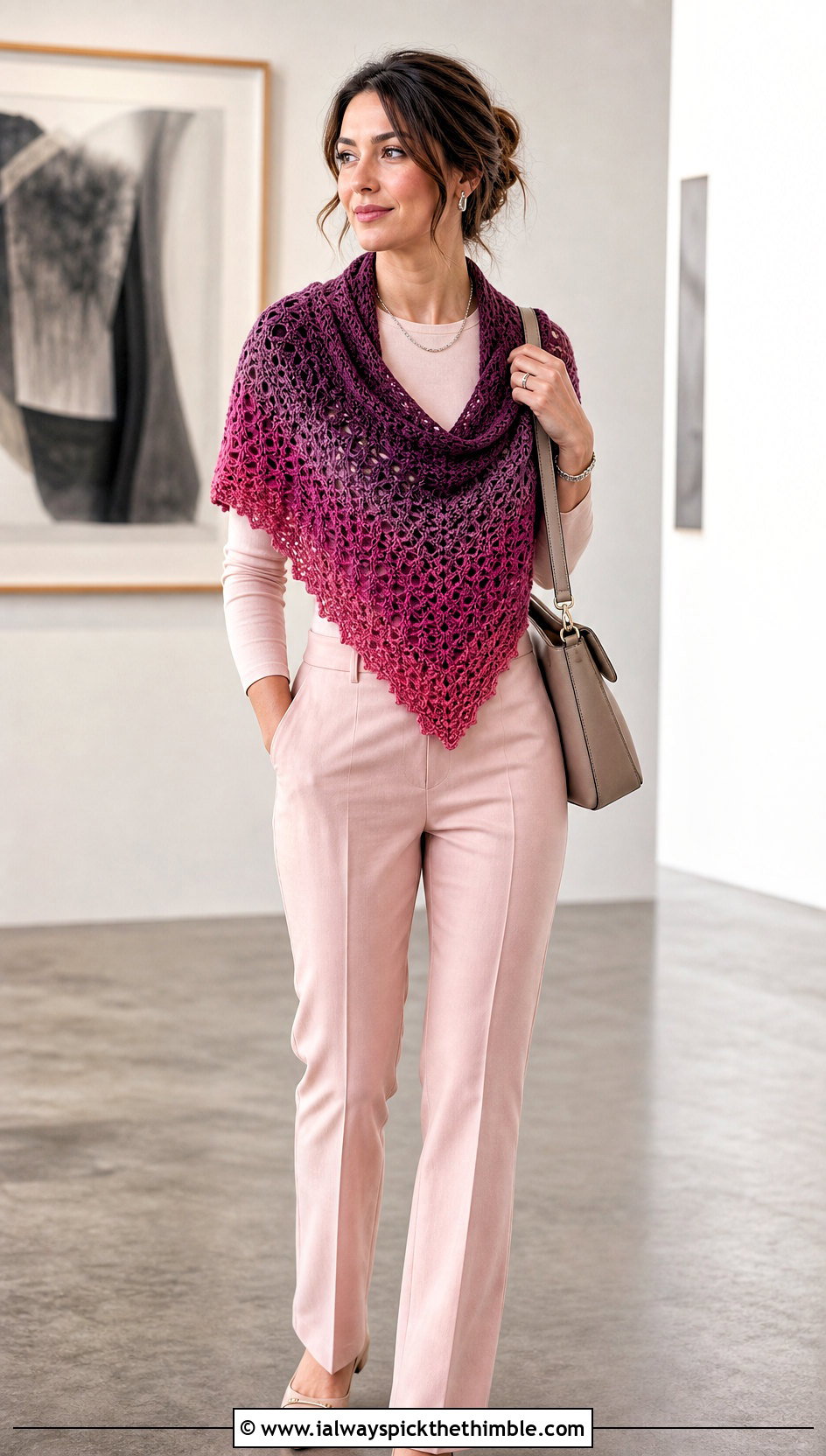 Ombre Triangular Crochet Shawl With Monochrome Outfit - 20 triangular crochet shawl outfit ideas