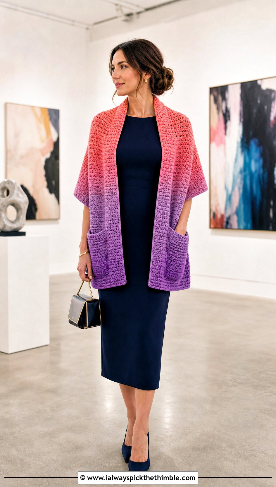 Ombre Tunisian Crochet Pocket Shawl With Column Dress - 15 Tunisian Crochet Pocket Shawl outfit ideas