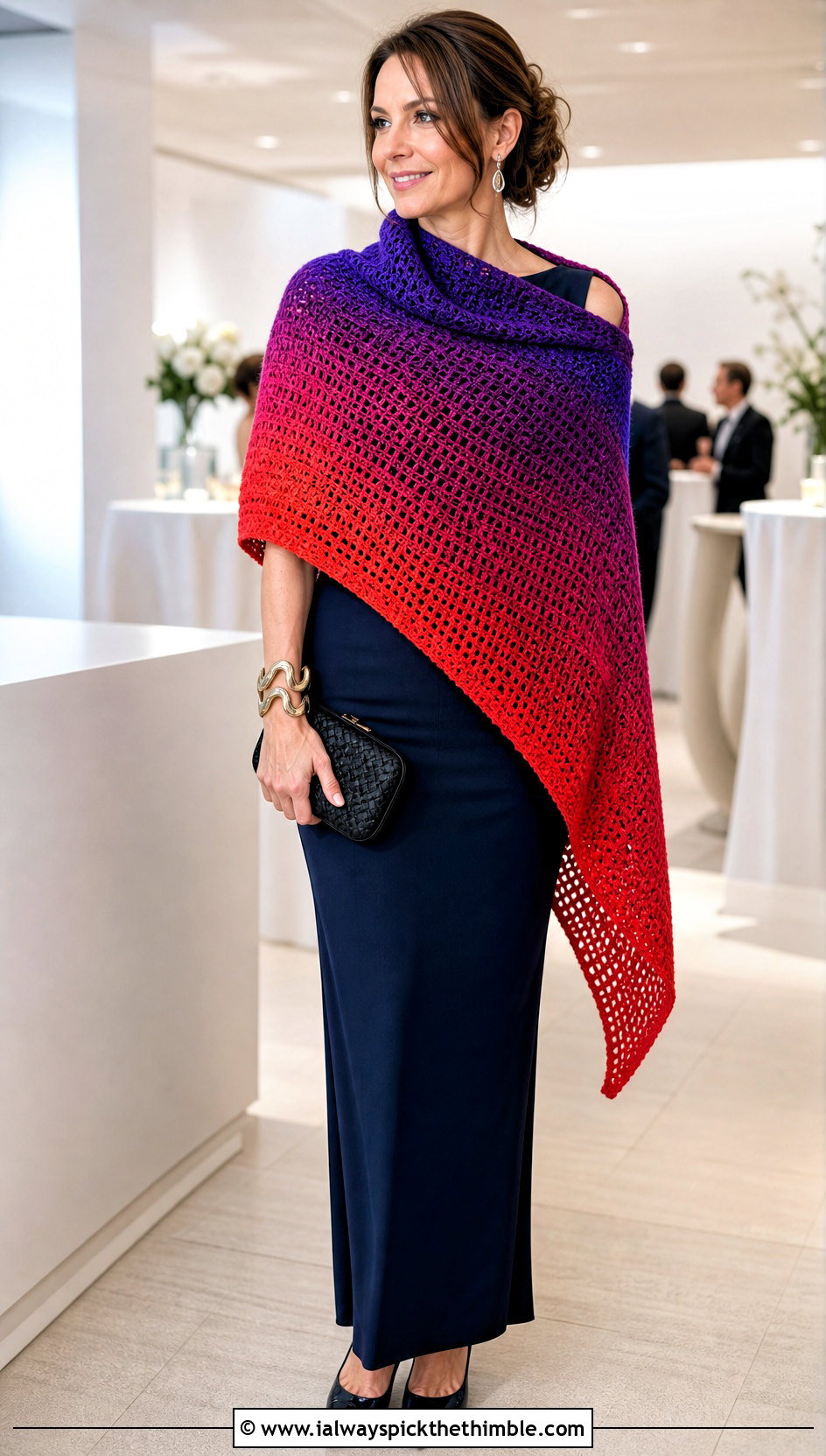 Ombre Tunisian Crochet Triangle Shawl With Column Dress - 20 Tunisian Crochet Triangle Shawl outfit ideas