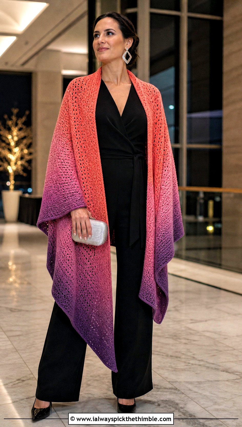 Ombre Tunisian Crochet Wrap With Black Jumpsuit - 20 Tunisian Crochet Wrap outfit ideas