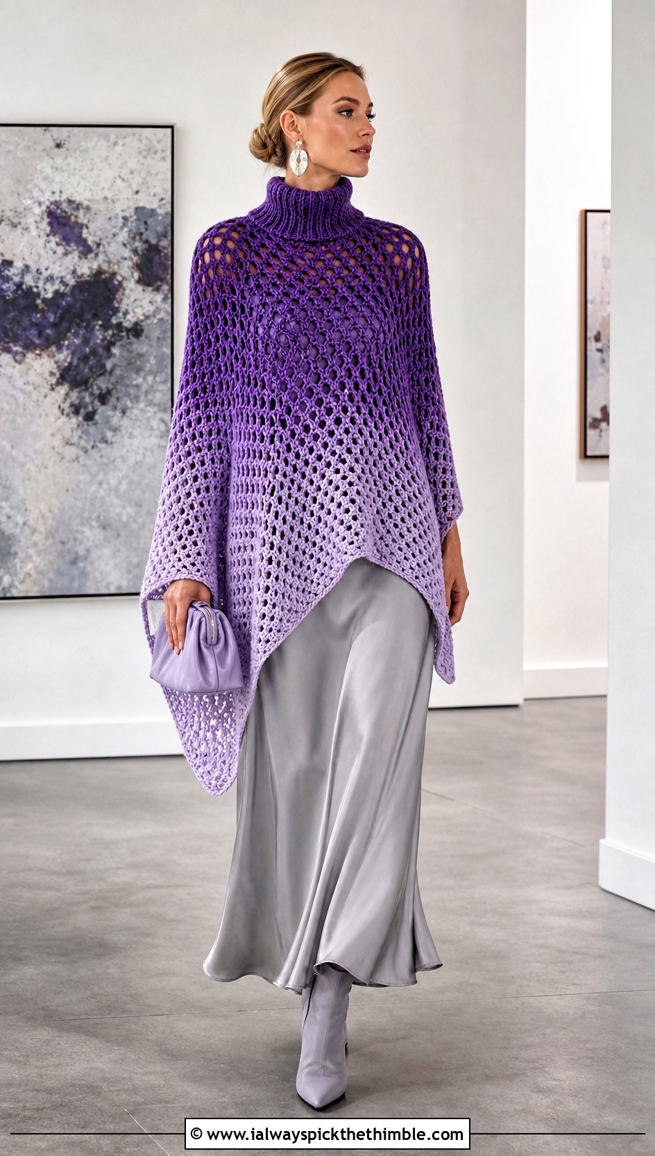 Ombre Turtle Neck Crochet Poncho With Satin Slip Skirt - 20 Turtle Neck Crochet Poncho outfit ideas