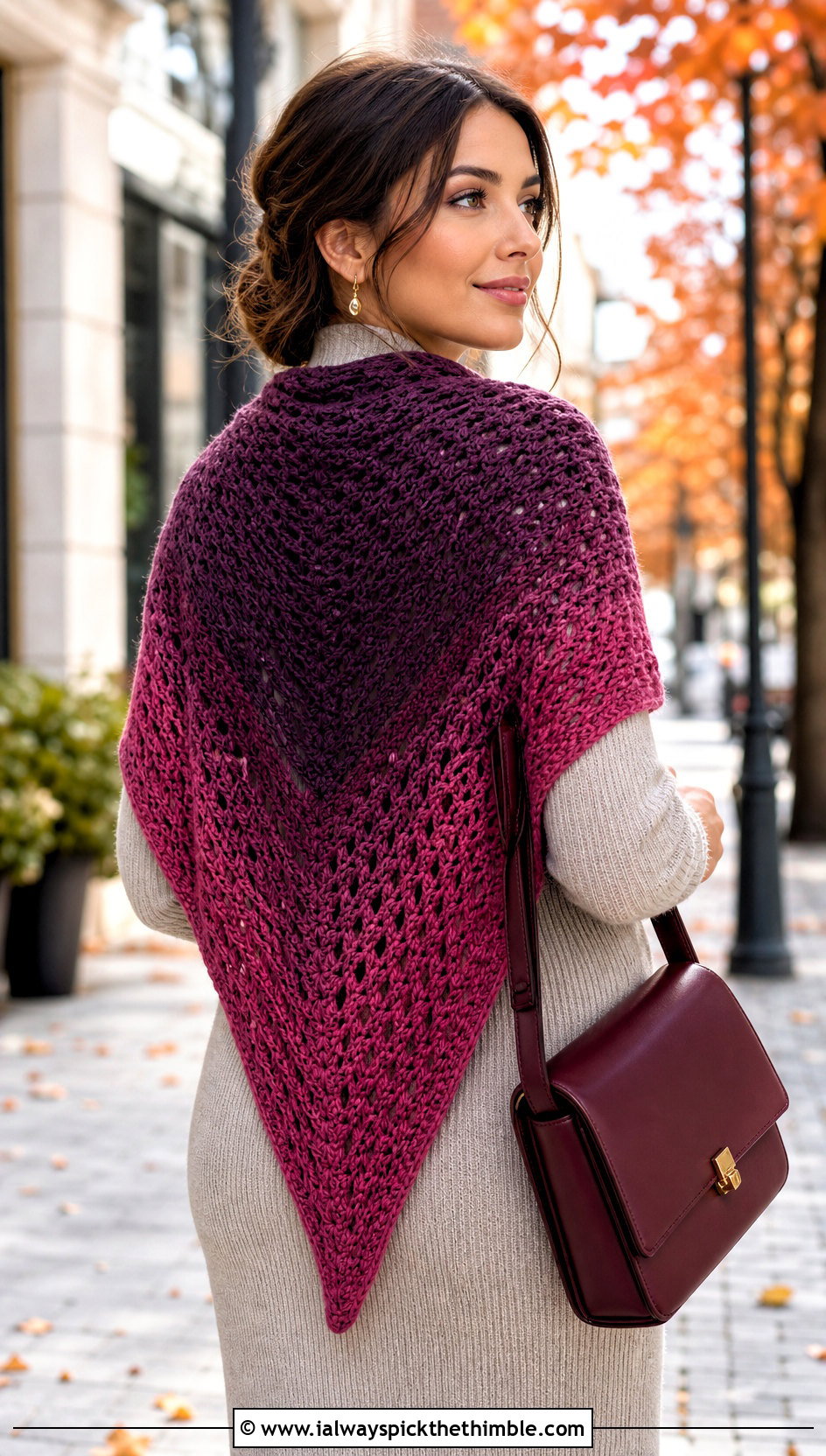 Ombre V Shaped Crochet Shawl With Sweater Dress - 15 V Shaped Crochet Shawl outfit ideas