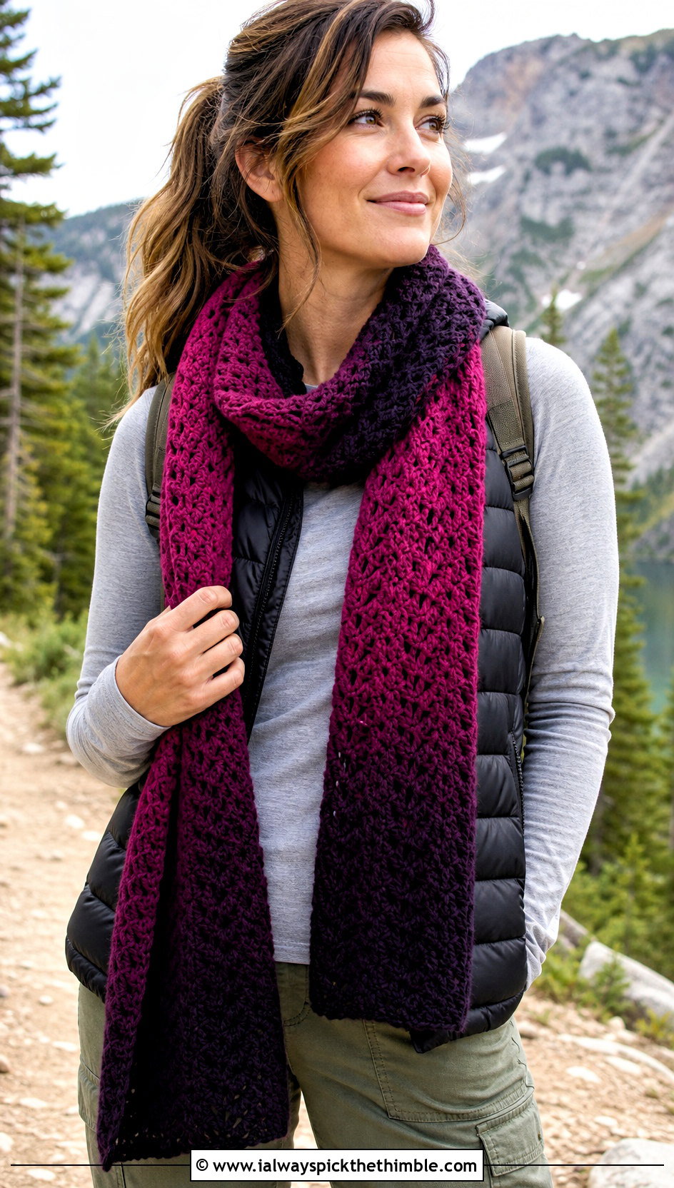 Ombre V Stitch Scarf With Puffer Vest - 20 crochet v stitch scarf outfit ideas