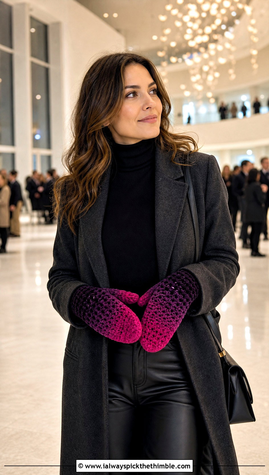 Ombre Velvet Crochet Mittens With Monochrome Leather Outfit - 20 velvet crochet mittens outfit ideas
