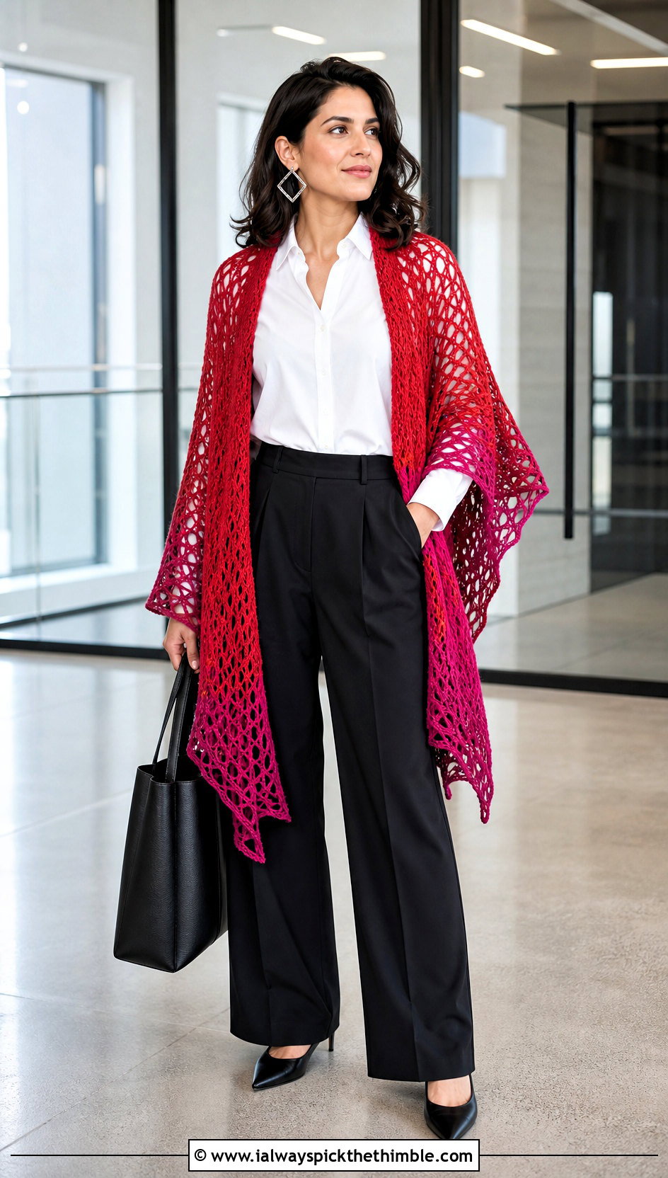 Ombre Virus Shawl With White Shirt And Black Trousers - 25 crochet virus shawl outfit ideas