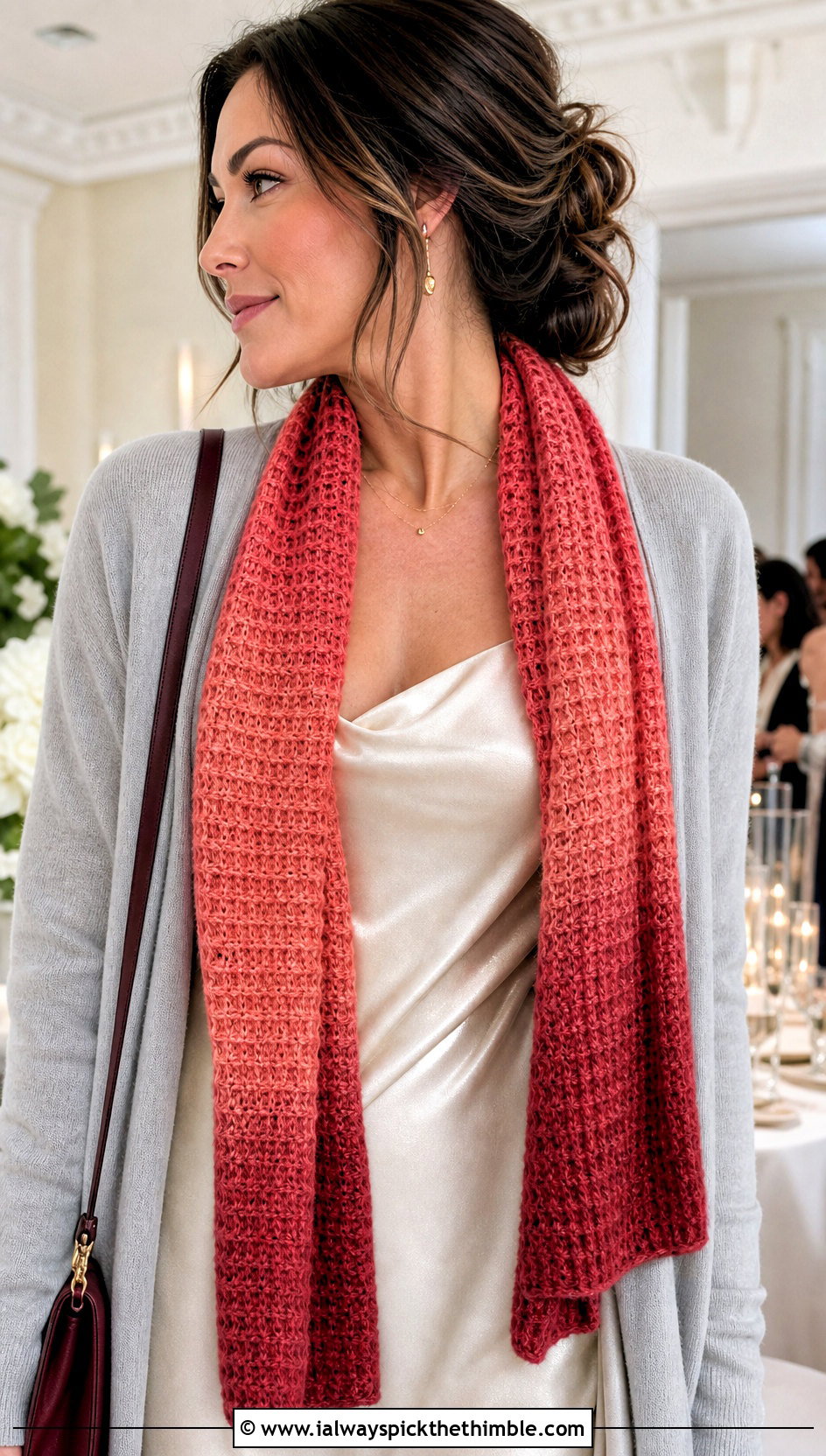Ombre Waffle Crochet Scarf With Slip Dress And Cardigan - 20 Waffle Crochet Scarf outfit ideas