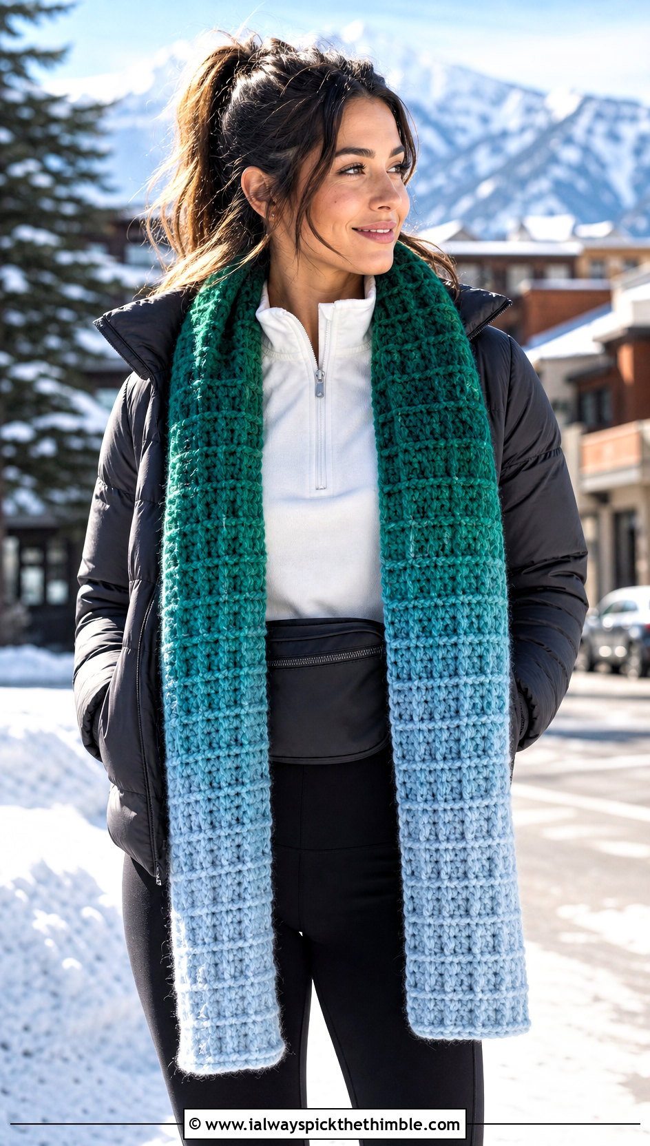 Ombre Waffle Stitch Crochet Scarf With Half Zip Pullover - 20 waffle stitch crochet scarf outfit ideas