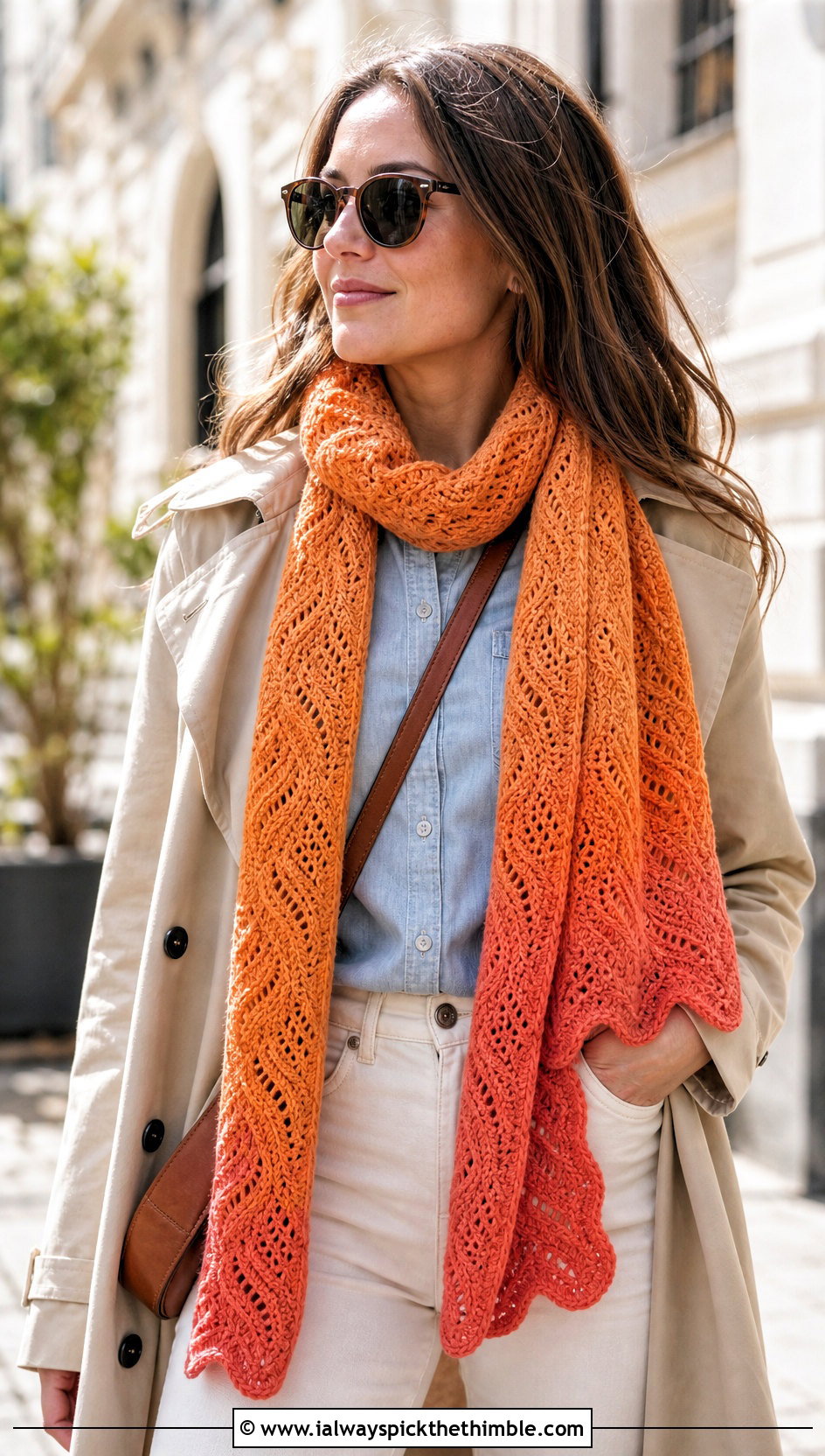 Ombre Wave Crochet Scarf With Trench Coat - 20 Crochet Zig Zag Scarf outfit ideas