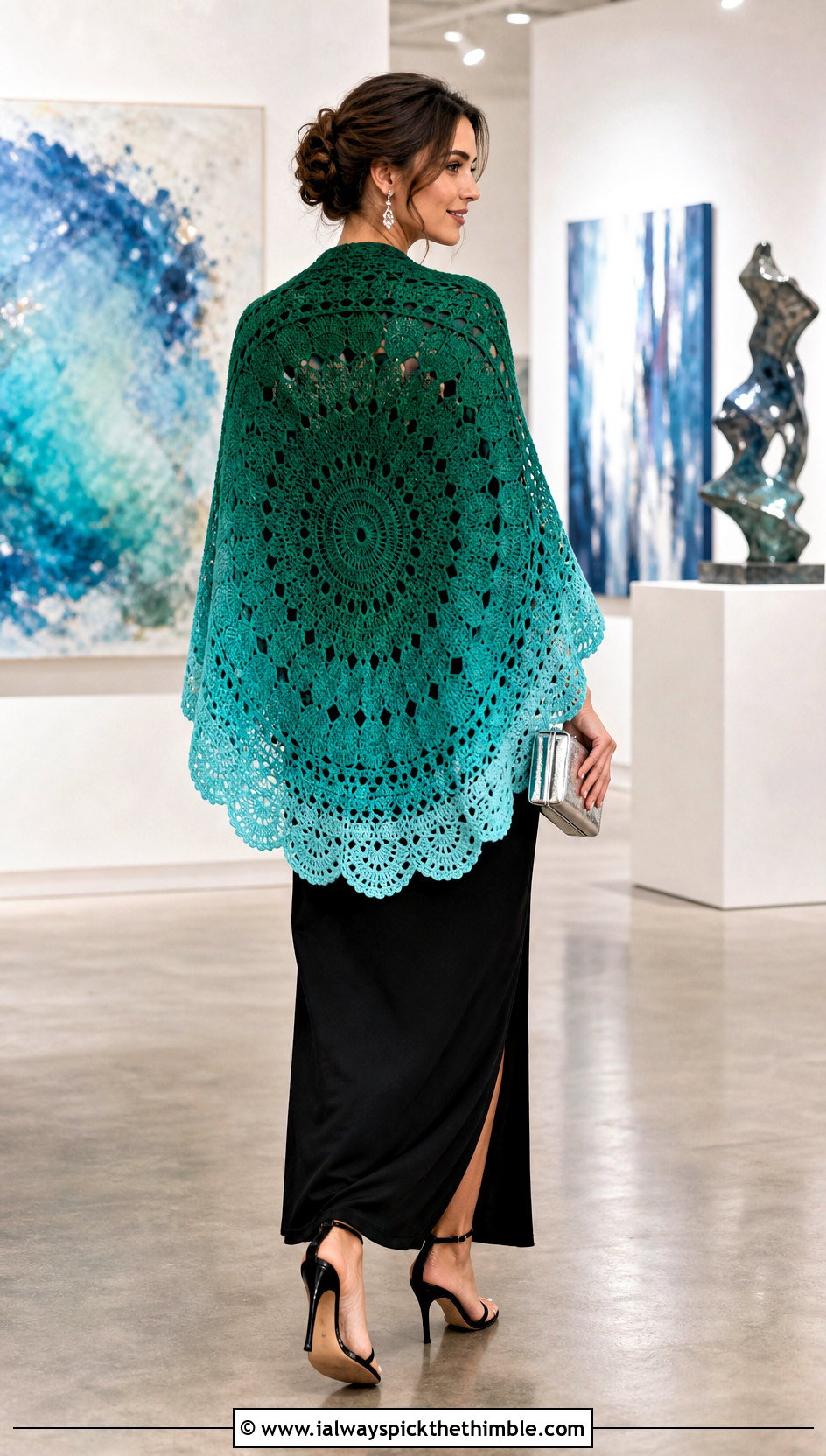 Ombre Wheel Crochet Circular Shawl With a Column Dress - 20 crochet circular shawl outfit ideas