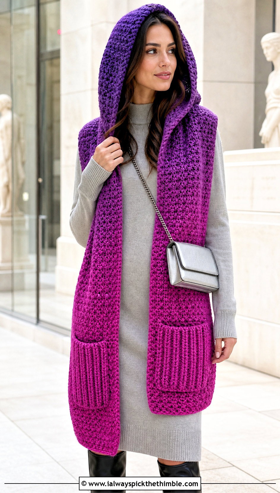 Ombre Woodland Hooded Crochet Scarf With Sweater Dress - 15 Woodland Hooded Crochet Scarf outfit ideas