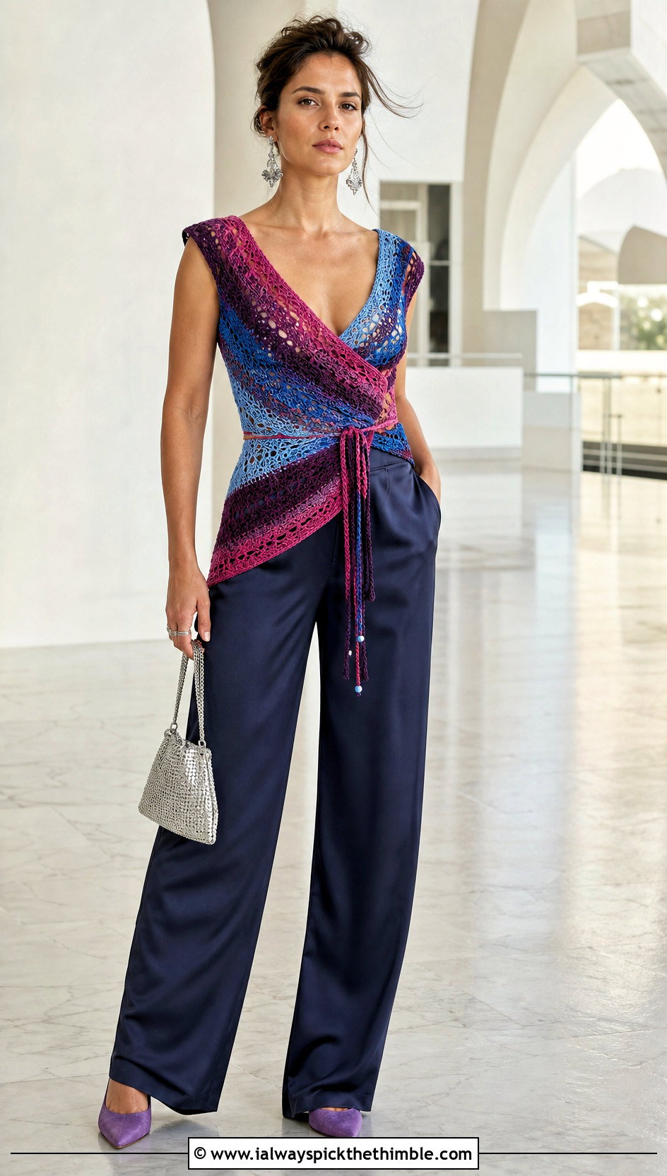 Omnisexual Crochet Wrap Top With Satin Trousers - 25 crochet pride top outfit ideas