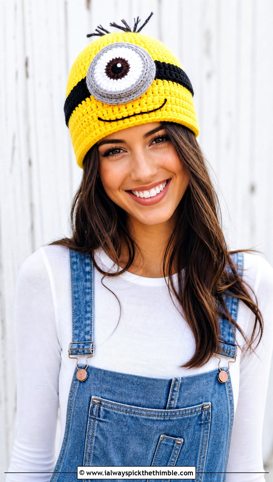 One Eye Crochet Minion Beanie With Denim Overalls - 25 crochet minion hat outfit ideas