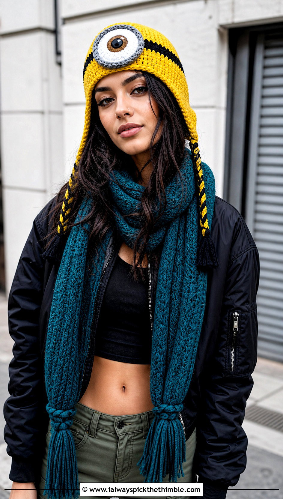 One Eye Earflap Hat And Tassel Scarf With Cargo Pants - 15 minion-themed crochet hat and scarf outfit ideas