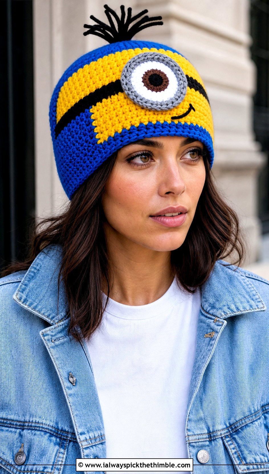 One Eye Fitted Crochet Minion Beanie With Denim Jacket - 20 Crochet Minion Hats outfit ideas