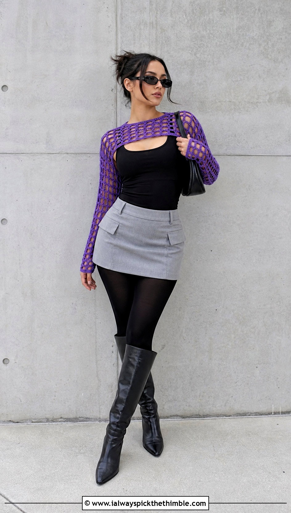 One Piece Grid Crochet Shrug With Mini Skirt - 25 crochet lace shrug outfit ideas