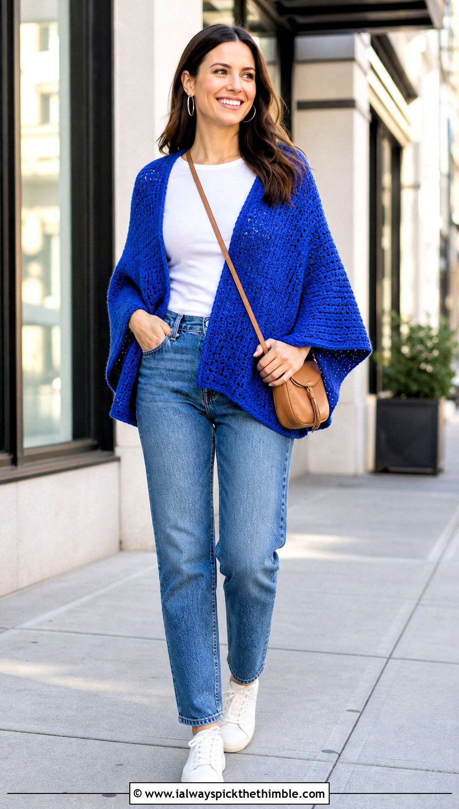 One Rectangle Crochet Poncho With Straight Leg Jeans - 20 crochet rectangle poncho outfit ideas