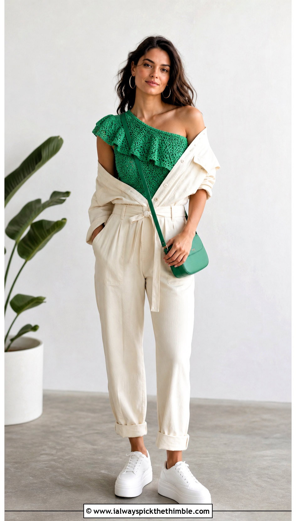 One Ruffle Crochet Off Shoulder Top With Utility Jumpsuit - 25 Crochet Off Shoulder Top outfit ideas