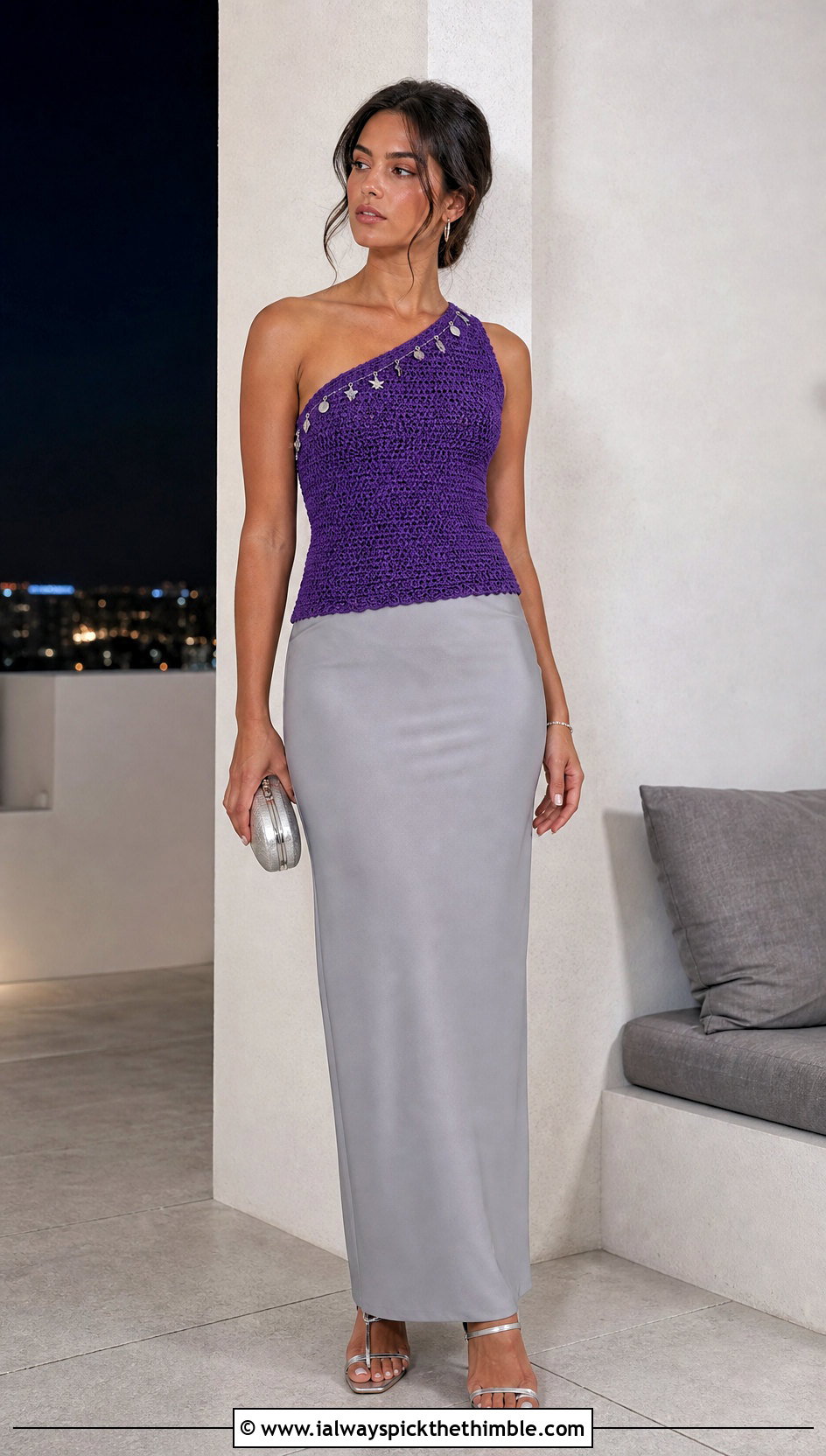 One Shoulder Charm Crochet Top With Column Skirt - 20 crochet top with charms outfit ideas