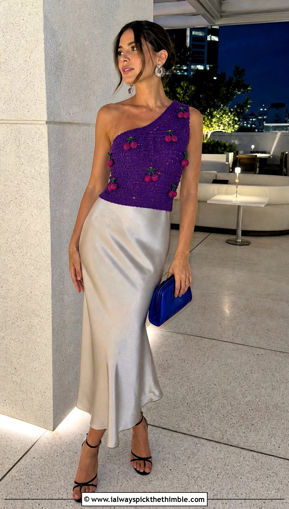 One Shoulder Cherry Crochet Top With Satin Midi Skirt - 25 crochet cherry top outfit ideas