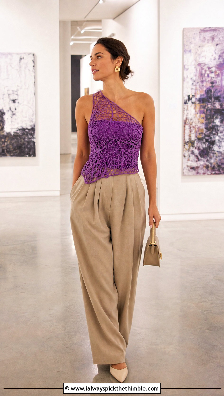 One Shoulder Cobweb Top With Pleated Pants - 20 Crochet Cobweb Top outfit ideas