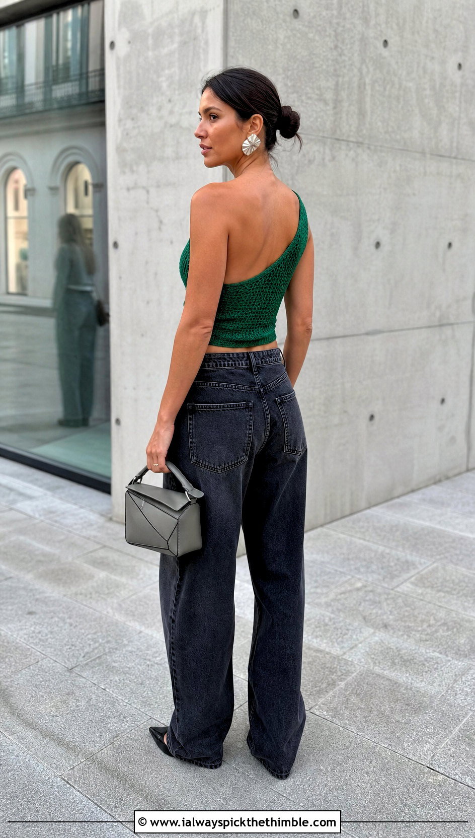 One Shoulder Crochet Backless Top With Barrel Jeans - 20 Crochet Backless Top outfit ideas