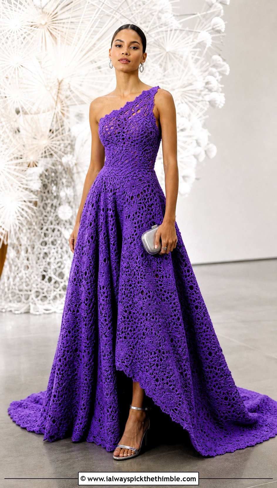 One Shoulder Crochet Ball Gown With Sculptural Jewelry - 20 Crochet Ball Gown outfit ideas