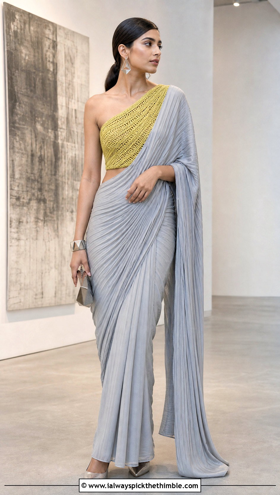 One Shoulder Crochet Blouse With Pleated Saree - 25 Crochet Blouse For Saree outfit ideas