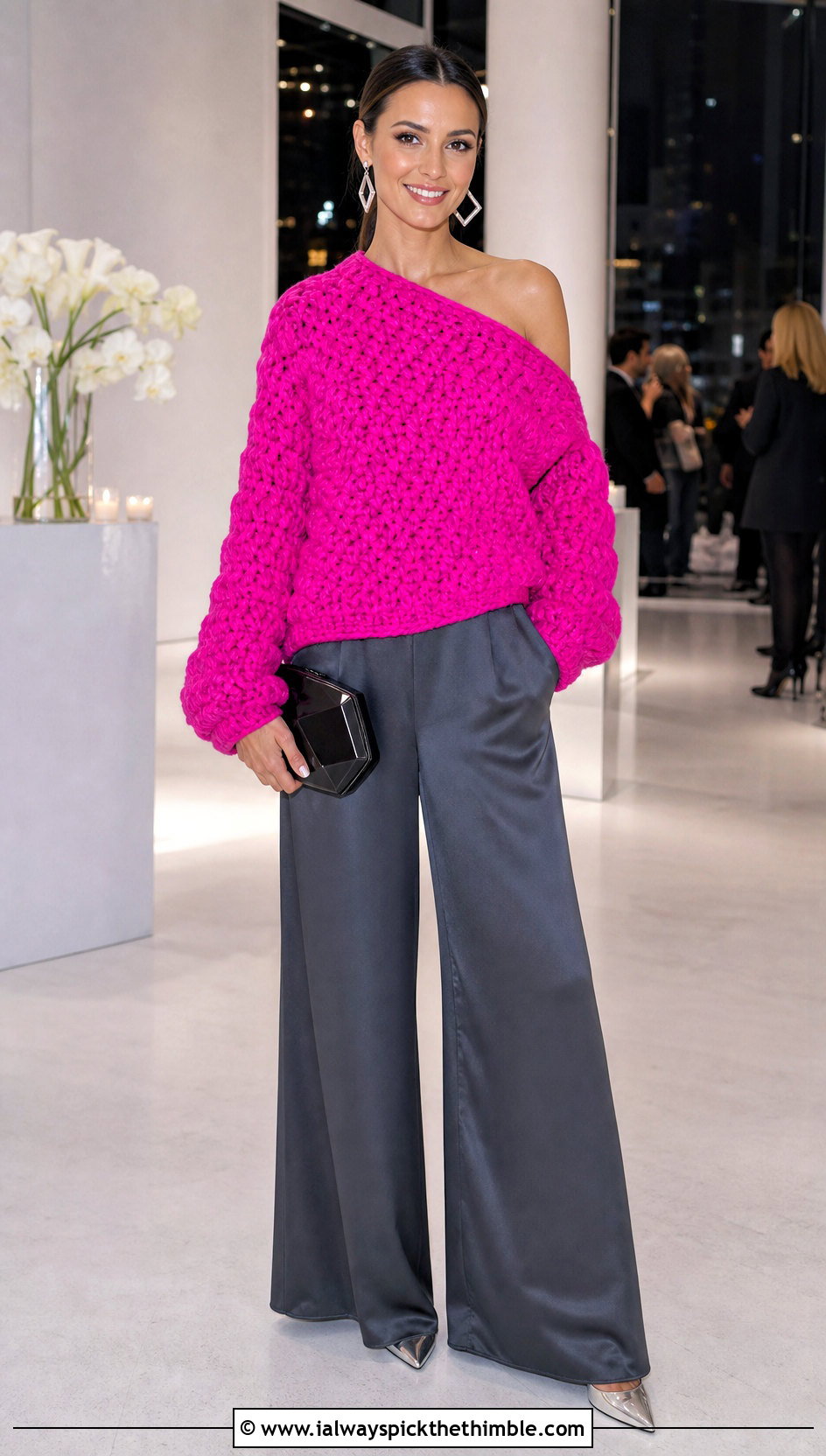 One Shoulder Crochet Chunky Sweater With Satin Trousers - 25 crochet chunky sweater outfit ideas