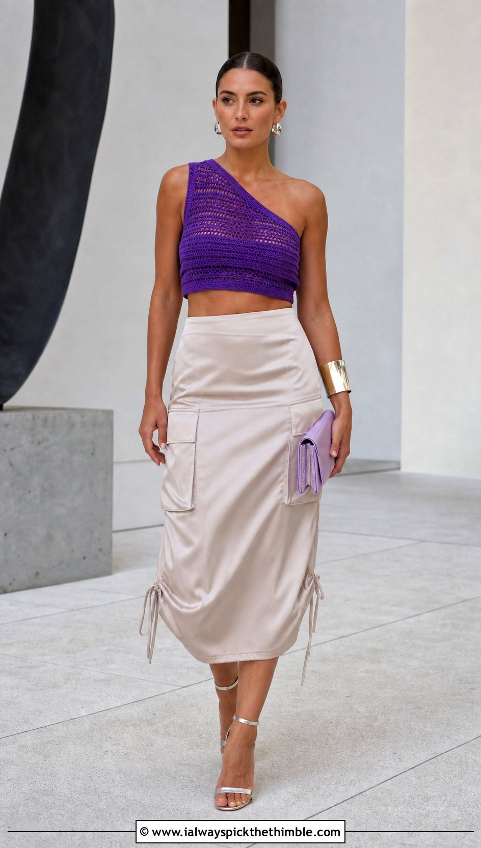 One Shoulder Crochet Crop Top With Satin Cargo Skirt - 25 easy crochet summer crop tops outfit ideas