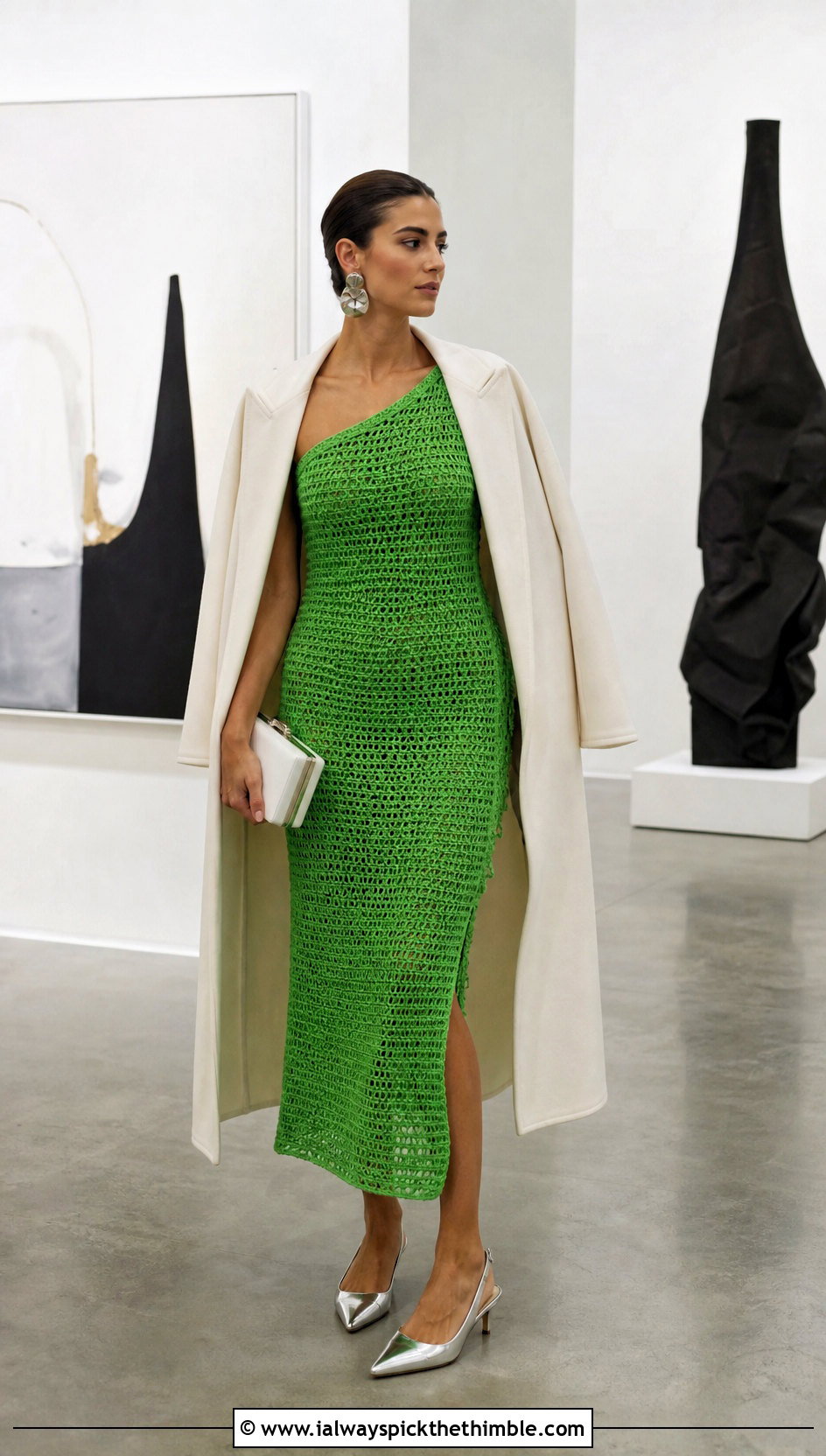 One Shoulder Crochet Dress With Tailored Coat - 15 Crochet Ladies Dress outfit ideas