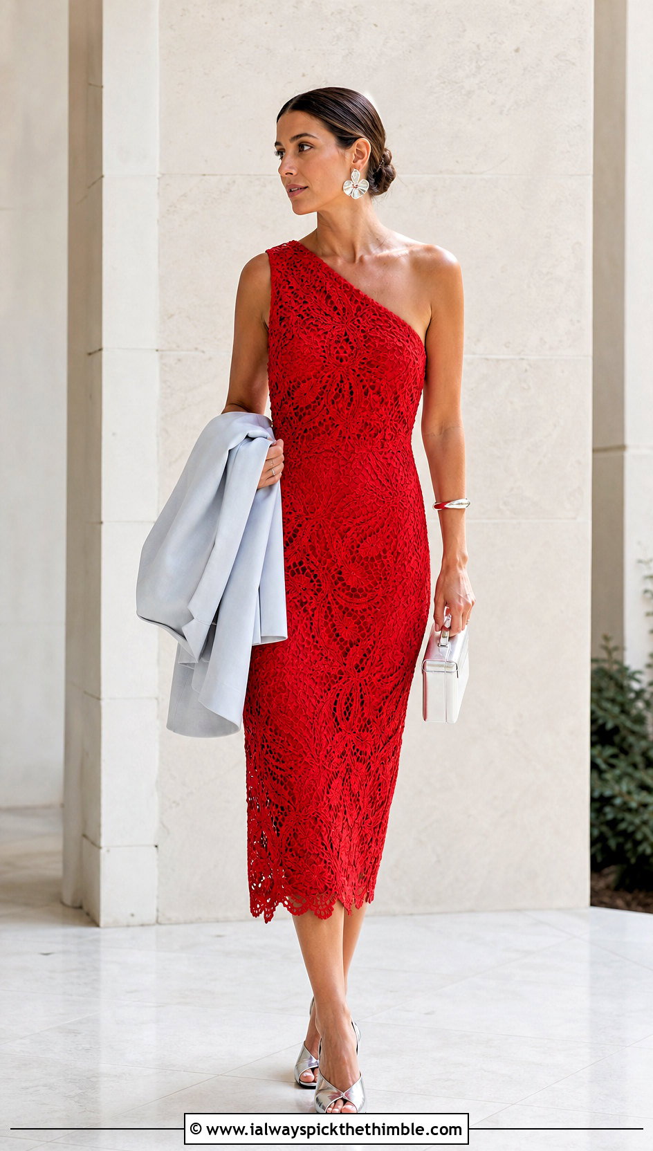 One Shoulder Crochet Midi Dress With Tailored Coat - 15 Spring Style Crochet Dress outfit ideas
