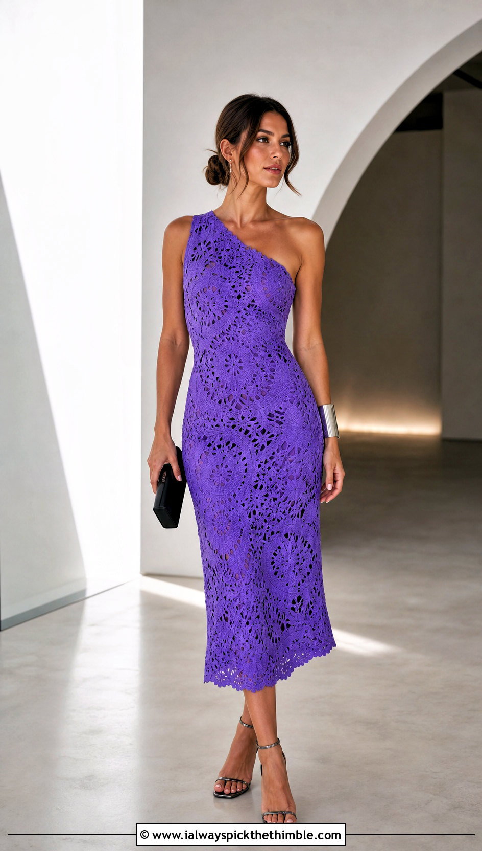 One Shoulder Crochet Party Dress With Cuff Bracelet - 25 crochet party dress outfit ideas
