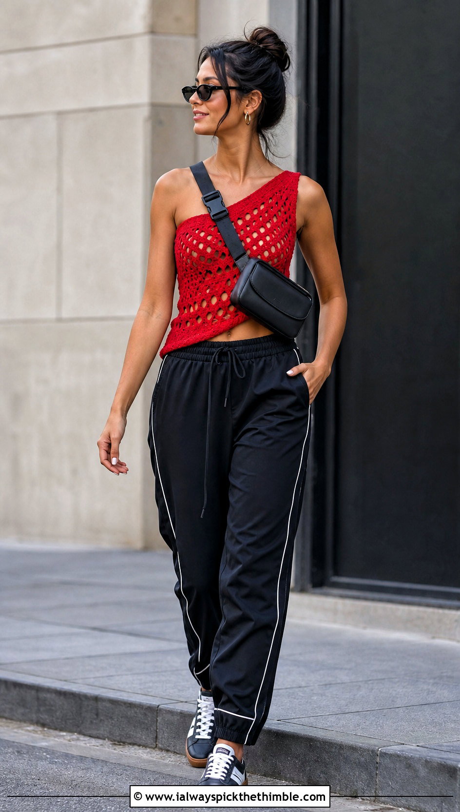 One Shoulder Crochet Peekaboo Top With Track Pants - 20 peekaboo crochet top outfit ideas