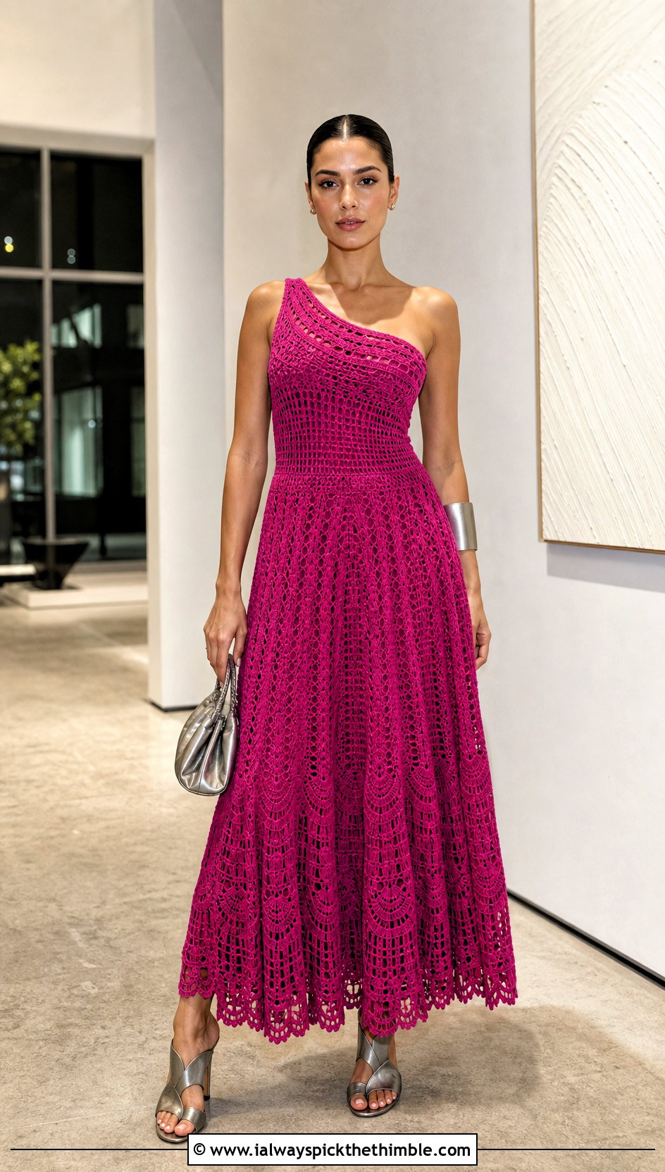 One Shoulder Crochet Princess Dress With Sculptural Sandals - 25 crochet princess dress outfit ideas